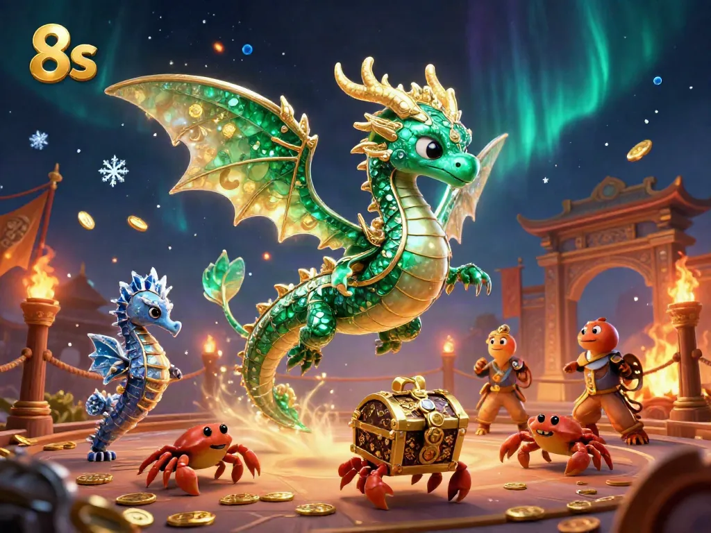 Experience thrilling gameplay at 8s with vibrant creatures and golden treasures in a dynamic casino scene.