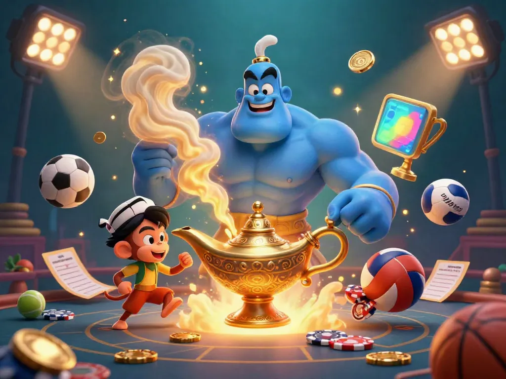 Engage in the world of sunwin with a genie and poker chips in a magical casino setting.