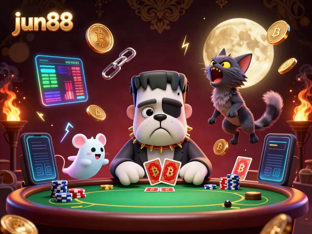 Experience gambling excitement at jun88 with a vibrant 3D casino scene featuring unique characters and blockchain elements.