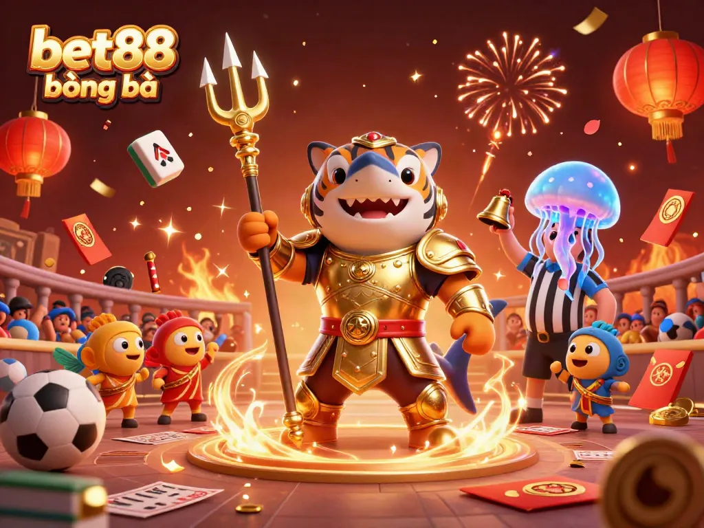 Bet88 bóng đá scene showcasing a tiger shark in armor amidst a vibrant underwater stadium with festive gambling elements.