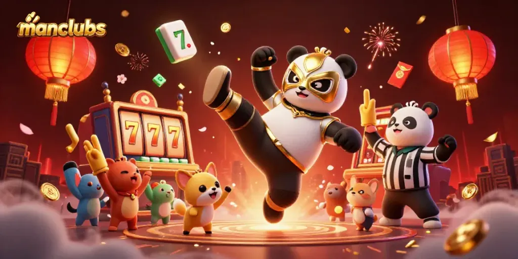 Exciting manclubs scene with a wrestler panda kicking, celebrating casino joy through slots and lucky symbols.