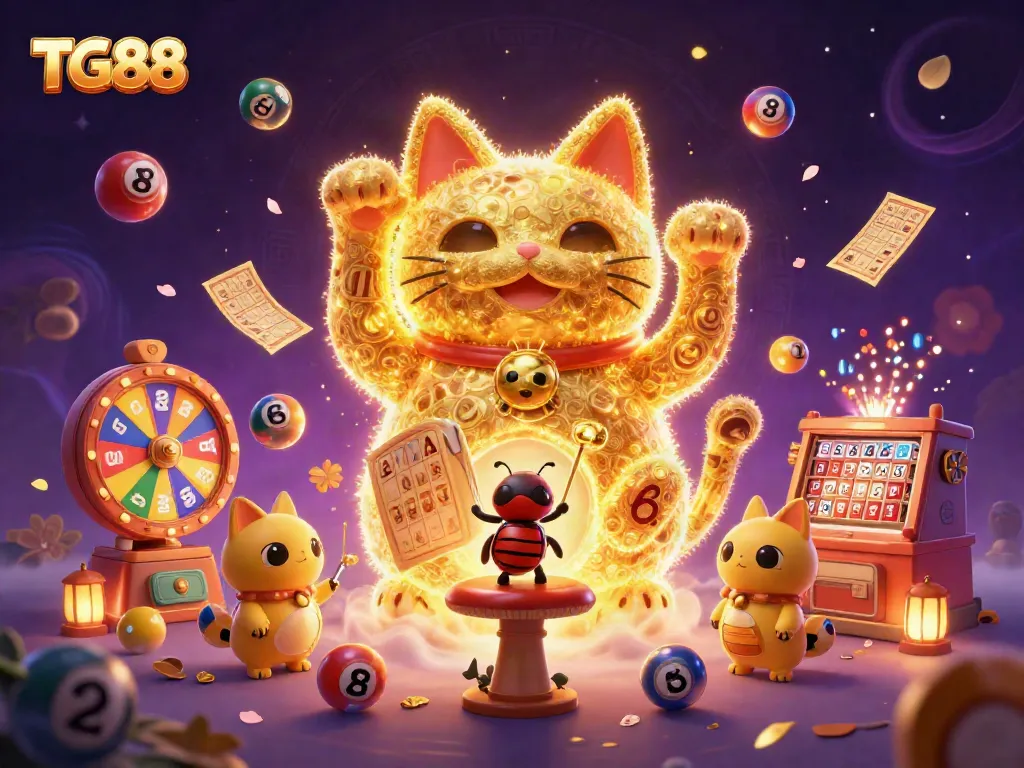 Engaging TG88 lucky cat illustration representing a vibrant casino atmosphere, showcasing dynamic gaming elements.