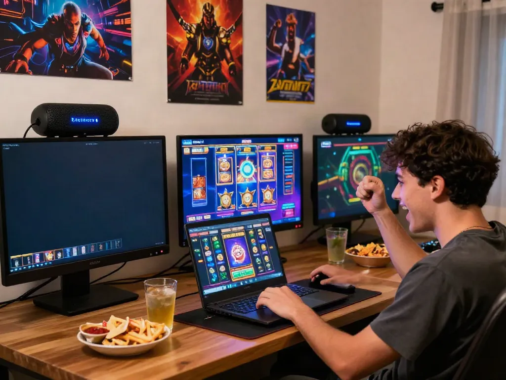A player celebrating a win on an online slot gacor gampang menang game, in a colorful gaming room.