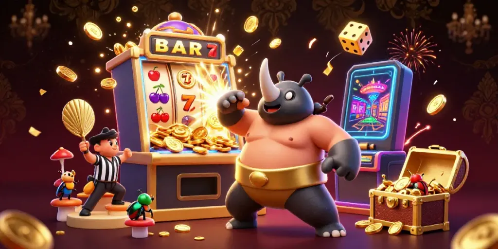 Experience the excitement of okvip with a dynamic 3D casino scene featuring a sumo champion and a jackpot.