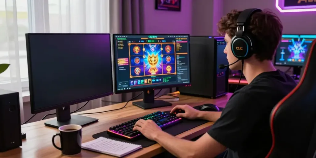 Exciting gaming setup featuring a player engaged in online slot games at night, showcasing situs slot777 with vibrant visuals.