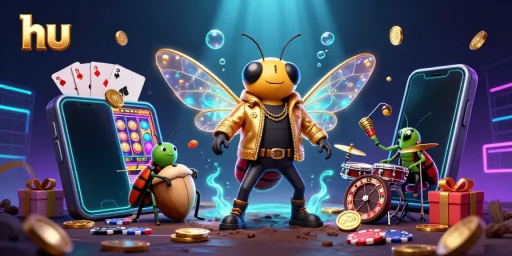 Engage with thrilling online slots at hu with a rock star cicada character and vibrant game elements.