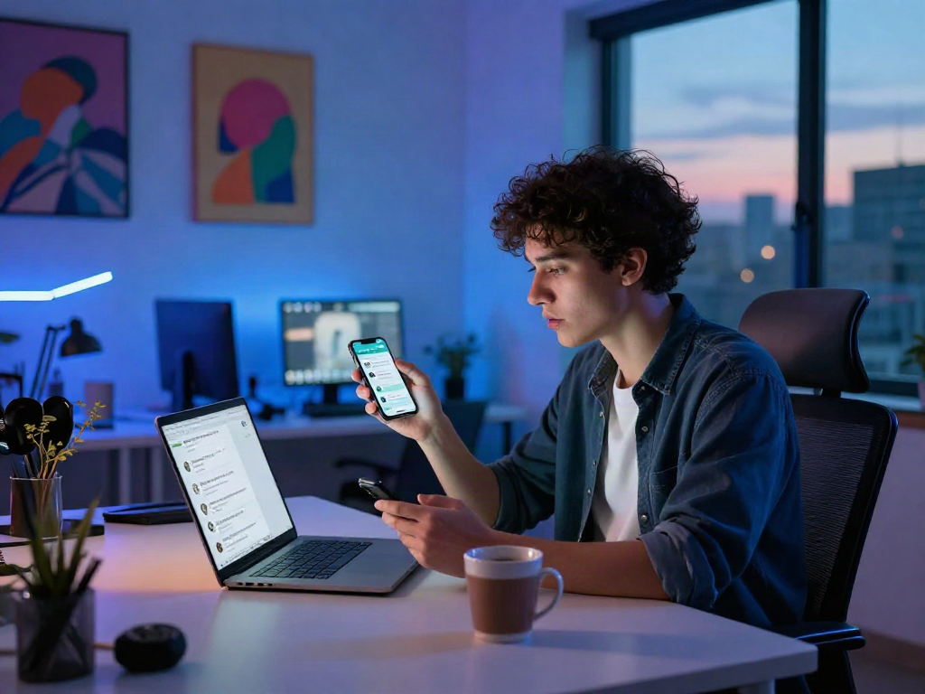Engaging in an nsfw chat in a modern tech workspace, showcasing digital communication.
