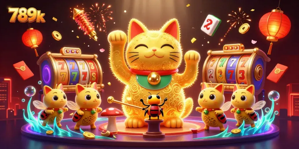 Engage in the vibrant casino atmosphere with 789k's golden lucky cat and dynamic slot symbols.