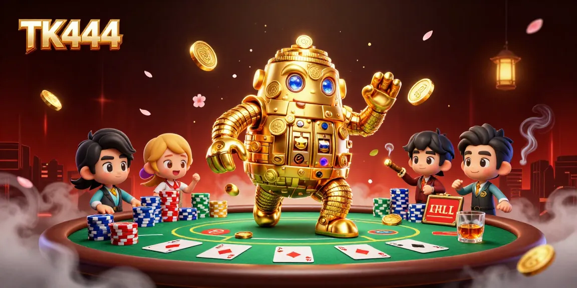 Engage with thrilling poker tournaments at TK444's vibrant casino scene featuring stacked chips and cards.