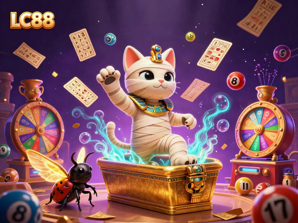 Experience the thrill of gaming at LC88 with an Egyptian mummy cat in a vibrant casino.