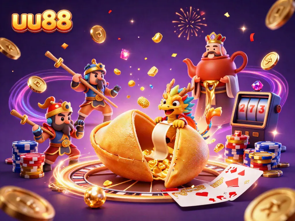 uu88 features a wise dragon and golden cookie in a vibrant online casino scene full of dynamic elements