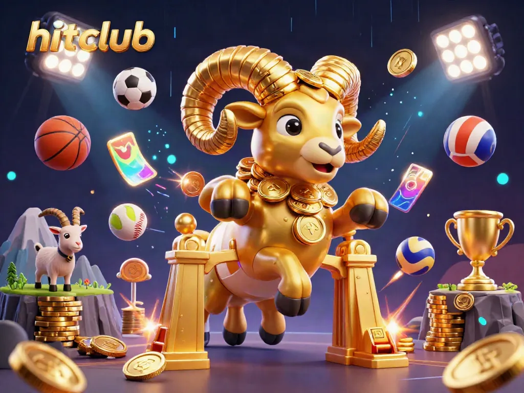 Experience gaming excitement with hitclub's vibrant 3D golden ram illustration, capturing dynamic sports betting action.