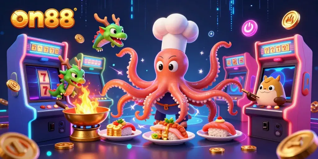 Enjoy exciting slot game action with on88's vibrant 3D gaming illustration featuring interactive characters.