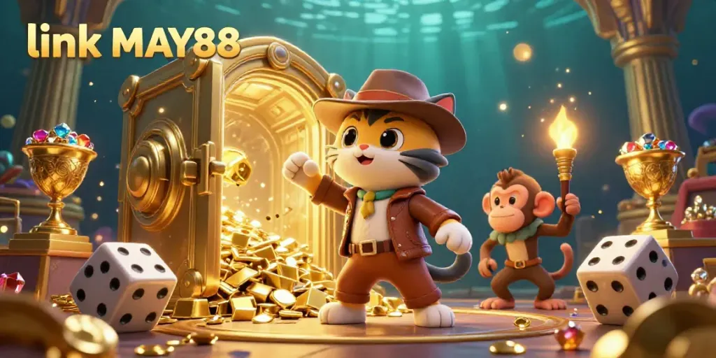 Engaging scene of a 3D cat exploring golden casino treasures, highlighting link MAY88's offerings.