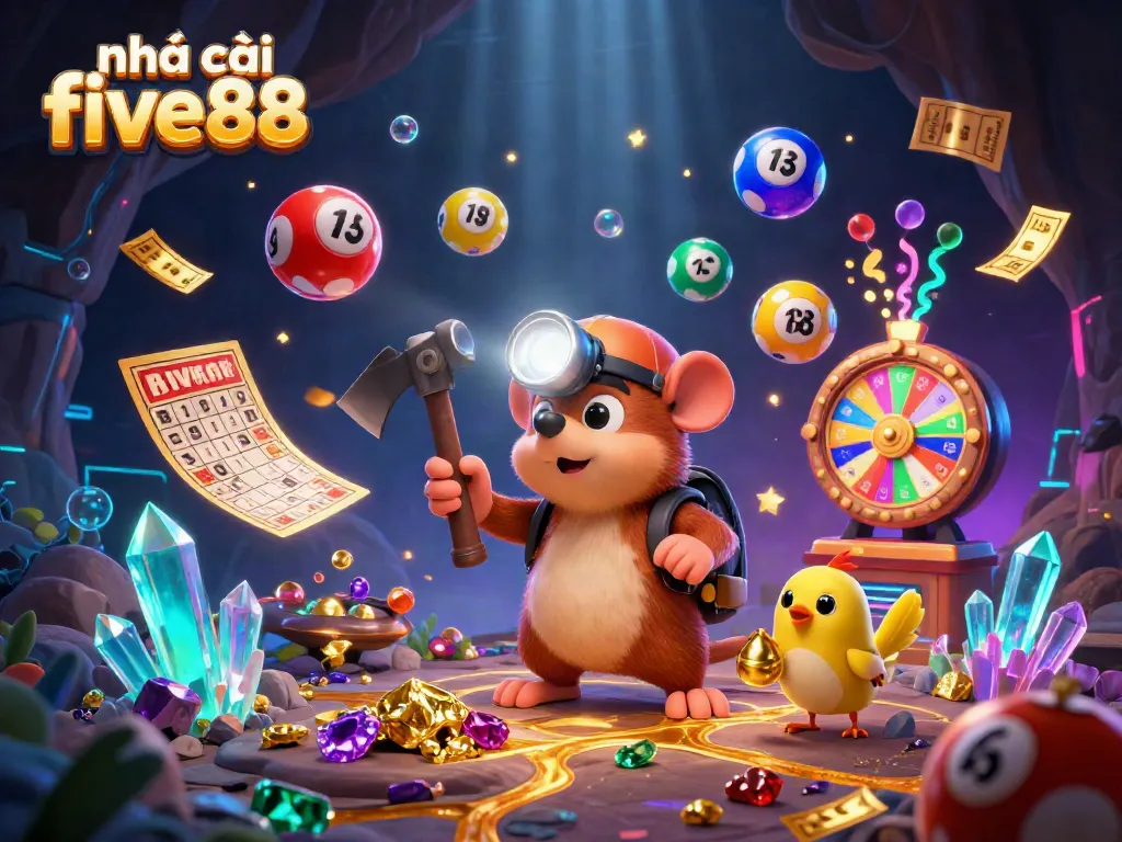Engage with the vibrant world of nhà cái five88, featuring a treasure hunter mole amidst cascading lottery elements.