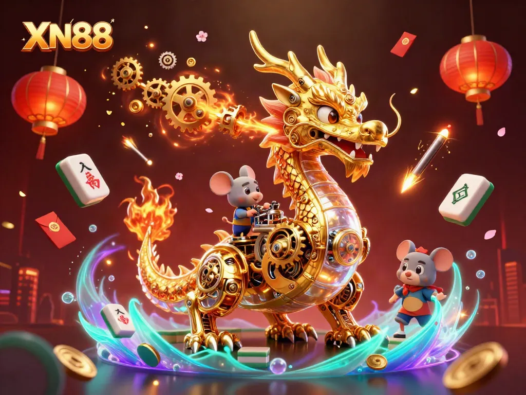 Experience thrilling gameplay at XN88 with a golden dragon amidst vibrant casino elements.