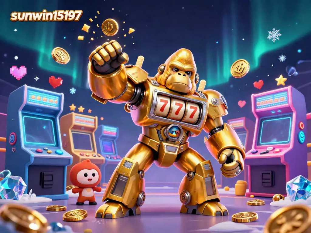 Experience thrilling gaming action with sunwin15197 featuring a golden gorilla mech amidst vibrant casino elements.