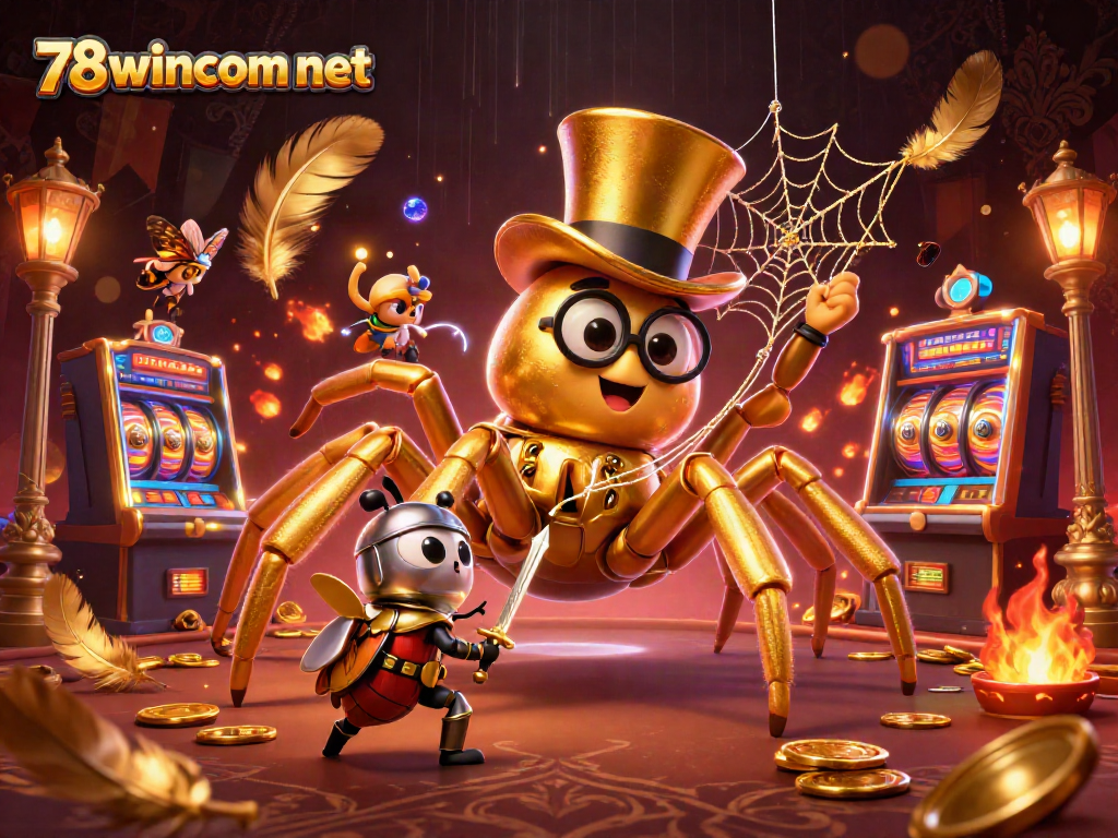 Engage with the vibrant action at 78wincom net, where a golden tarantula weaves excitement in a dynamic casino scene.