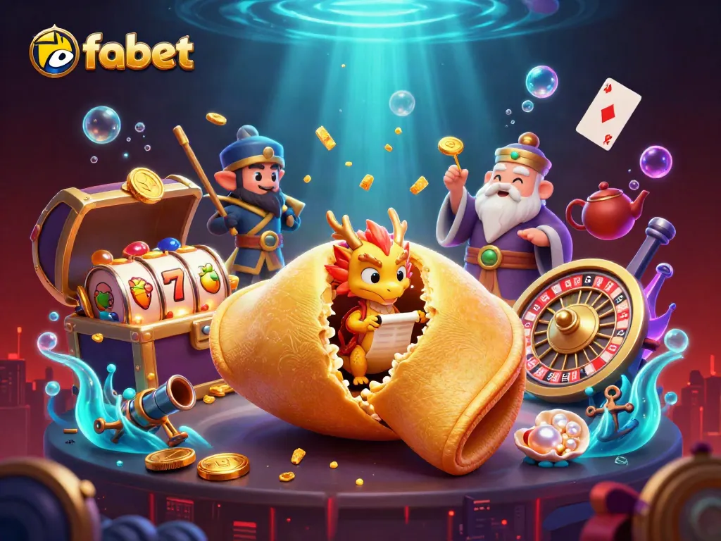 Experience fabet's thrilling gaming with a vibrant 3D fortune cookie scene bursting with action.