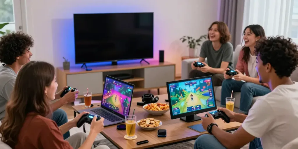 Friends enjoying competitive gaming on kilat404 with vibrant atmosphere.