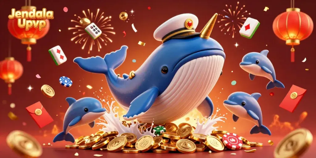 Engage with Jendela Upvc as a whimsical whale, narwhal, and dolphins festive scene filled with casino elements.