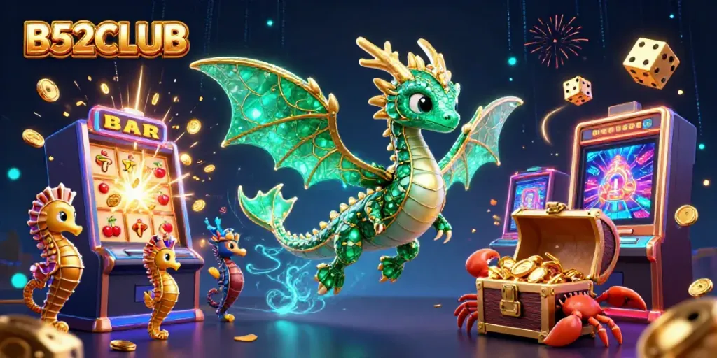B52CLUB’s lively casino world illustrated with a majestic sea dragon and vibrant game elements.