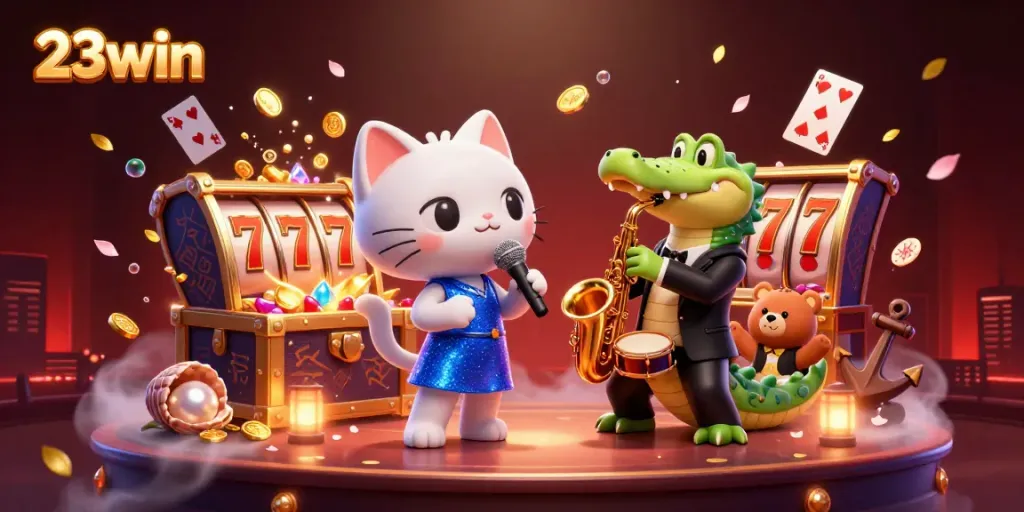 Experience the excitement of 23win with a vibrant illustration featuring a jazz-singer cat, crocodile, and bear in a casino
