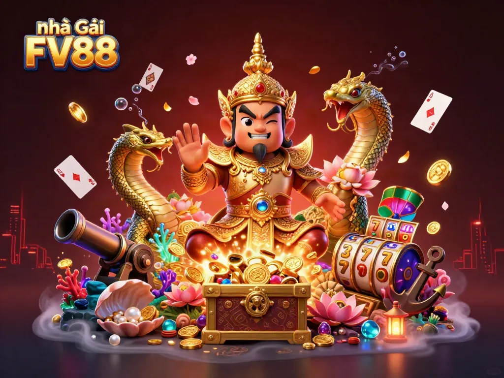 Experience the thrill of Nhà cái FV88 with a vibrant casino scene featuring unique characters and gaming elements.
