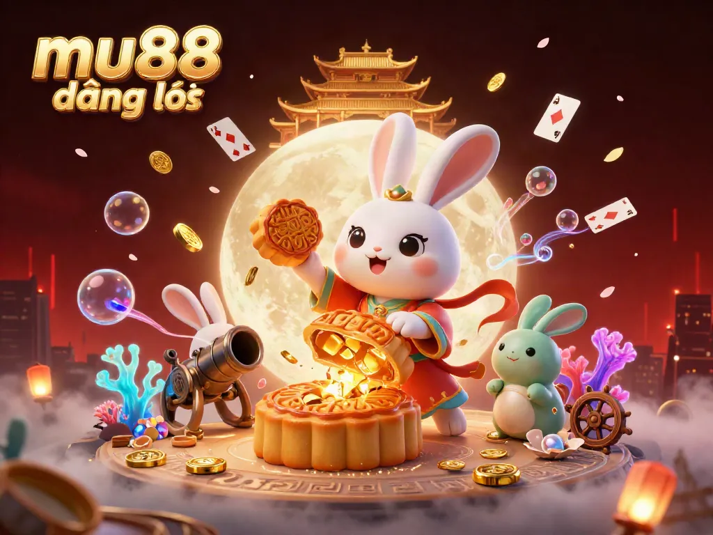 Experience thrilling gameplay with mu88 đăng nhập featuring a moon rabbit creating poker chip-filled mooncakes amid underwater treasures and dazzling visuals.