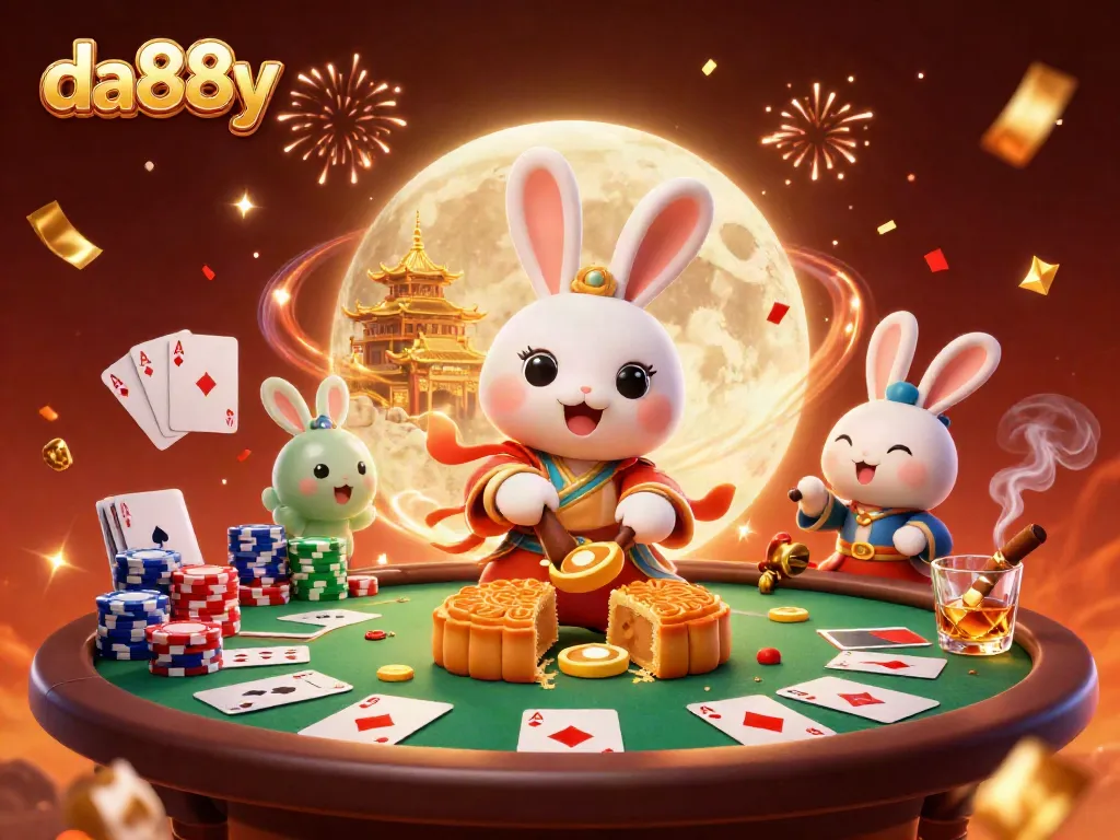 Engage with the da88y universe, featuring a moon rabbit and poker chips in a vibrant 3D casino scene.