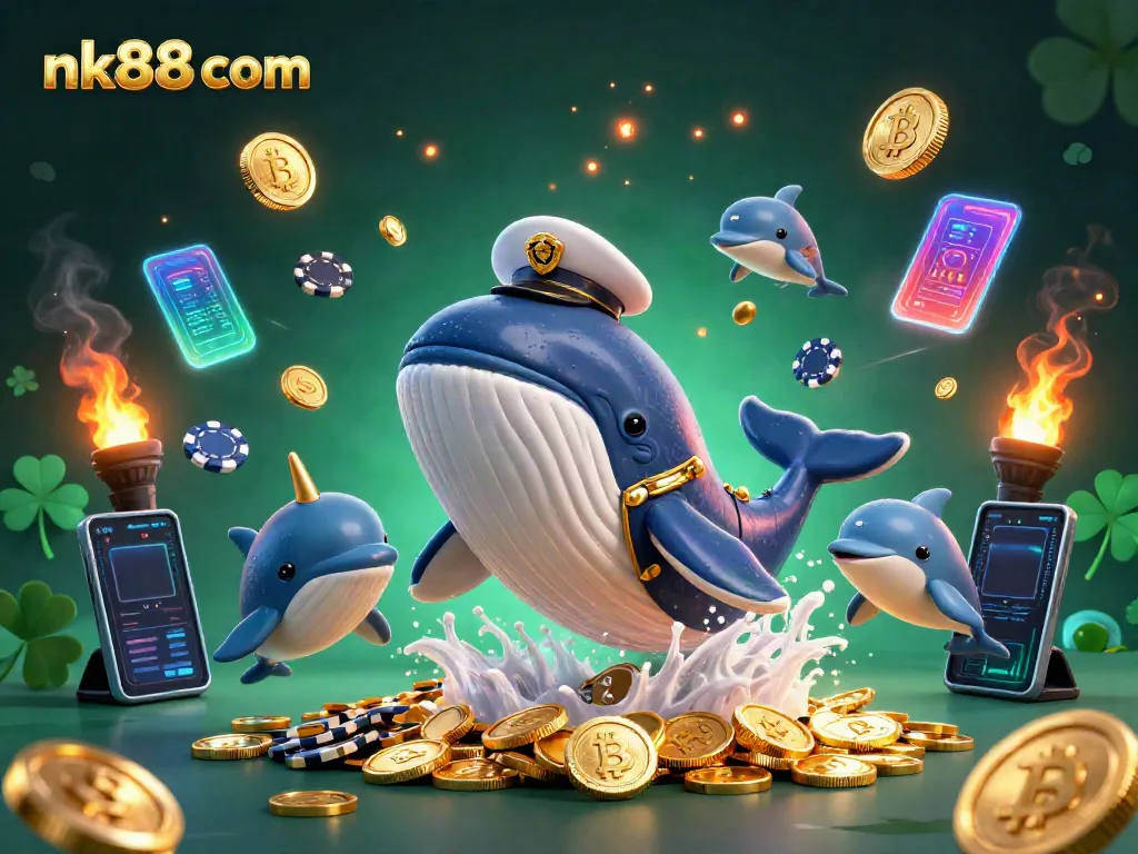 Experience thrilling wins at nk88 com with a vibrant 3D scene featuring gambling characters and elements.
