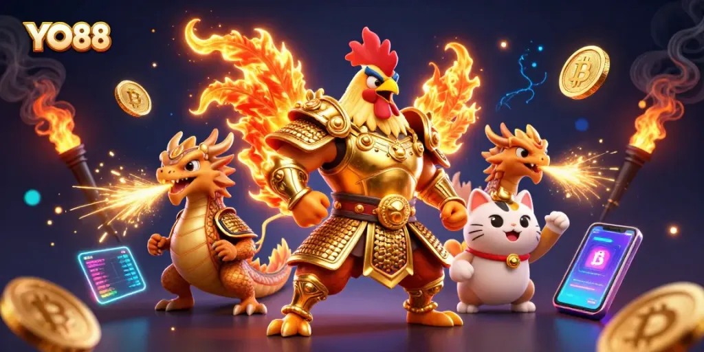 Experience thrilling gameplay with YO88, showcasing a fierce fighting rooster and dragon in a rich casino scene.