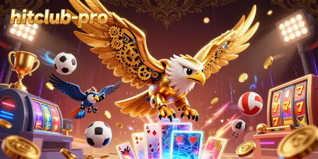 Engage with hitclub-pro's immersive gaming experience featuring vibrant 3D golden eagle and sports elements.