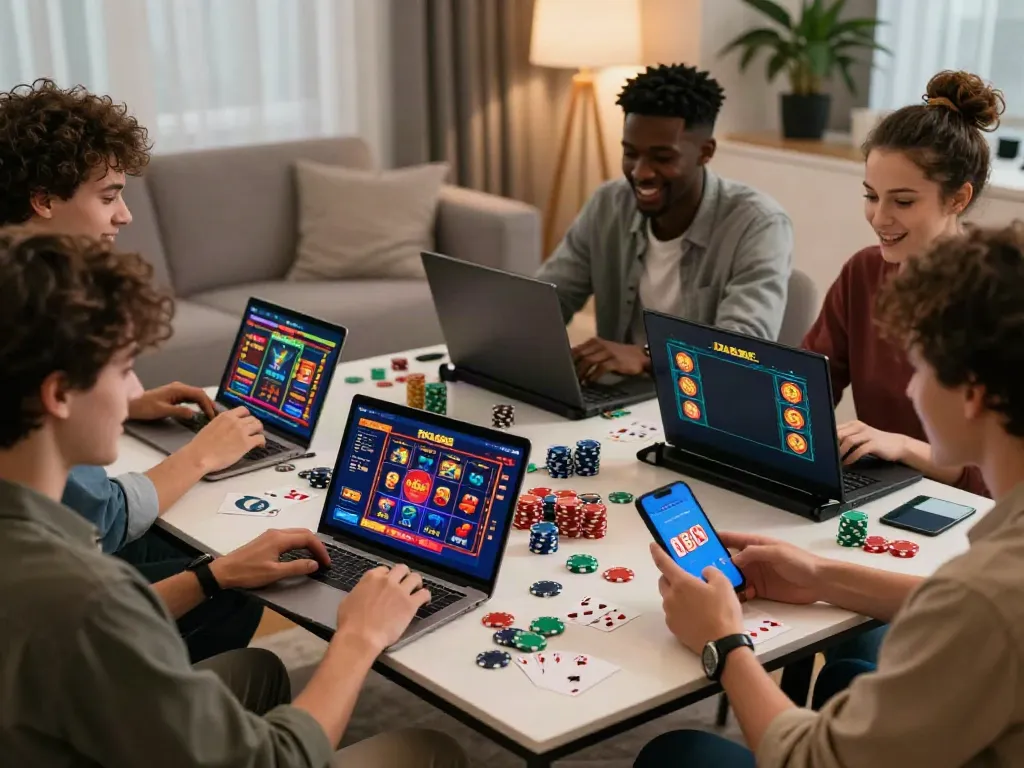 Friends enjoying the nhà cái da88 online casino experience on a computer and mobile devices in a lively living room.