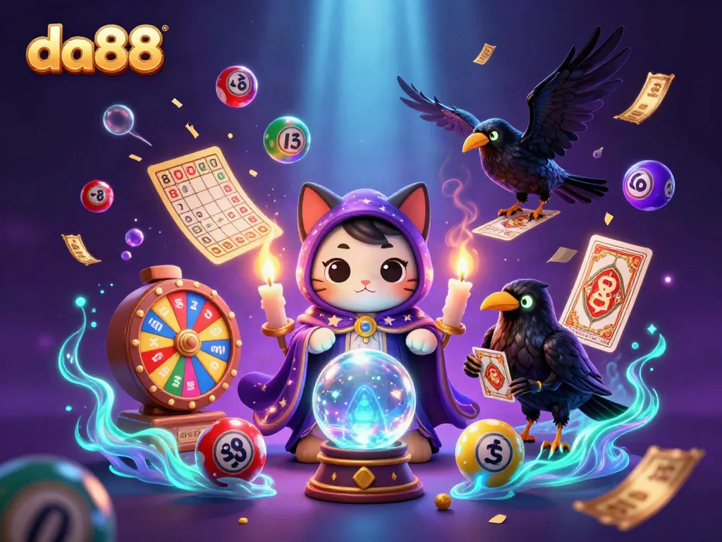 Experience thrilling gaming with da88 as a mystic cat and raven reveal fortune through colorful lottery elements.