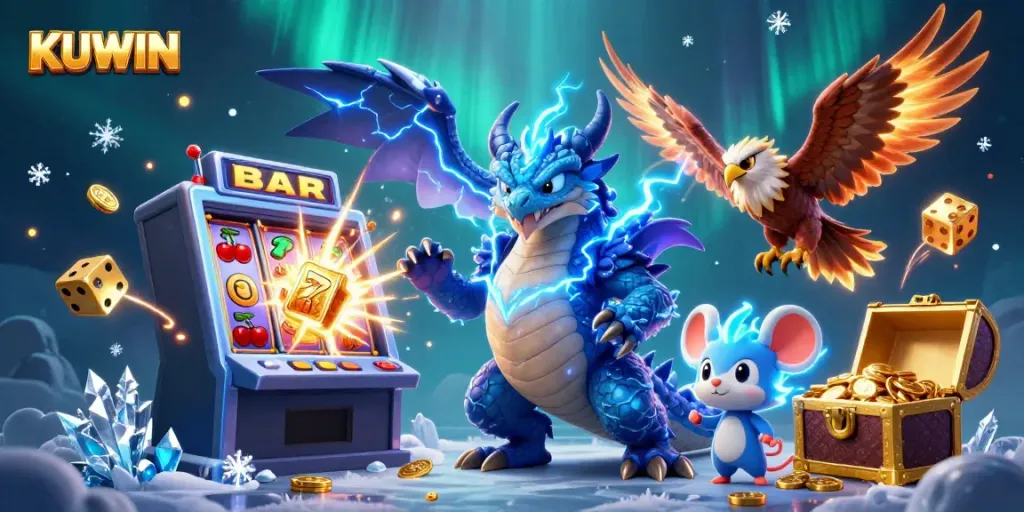 KUWIN offers an exciting slot experience with a dynamic jackpot scene filled with colorful casino elements.