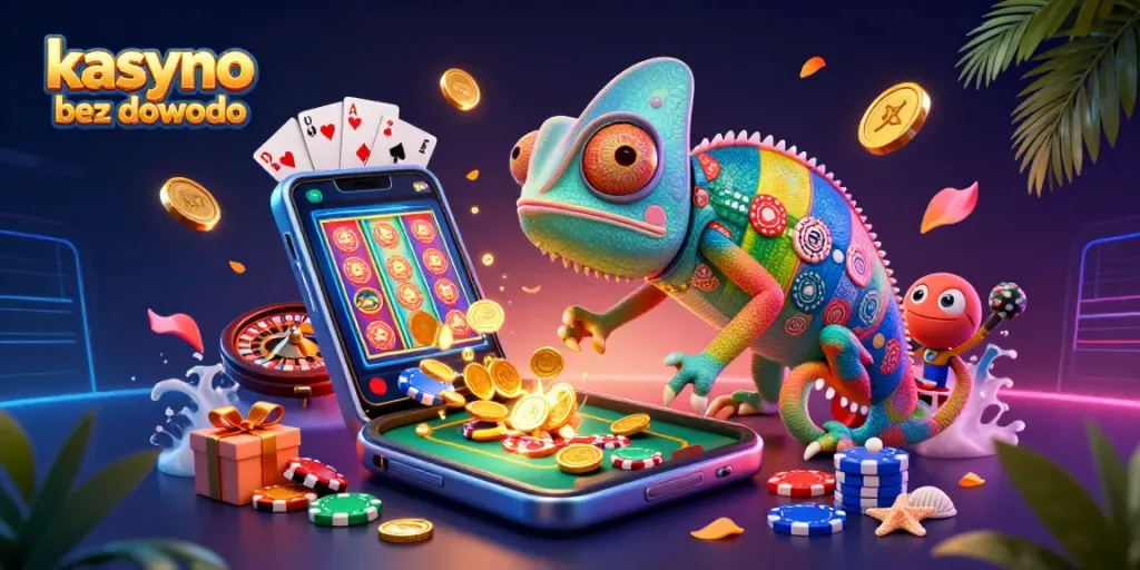 Experience excitement at a kasyno bez dowodu filled with colorful slot games and vibrant cartoon chameleons.