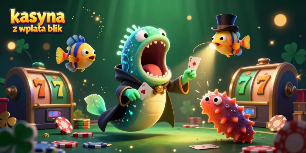 Engaging scene showcasing kasyna z wplata blik with animated deep-sea creatures performing card tricks and gambling elements.