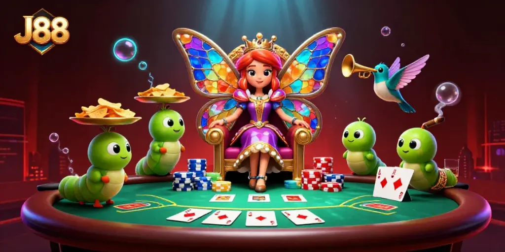 Engaging J88 casino illustration featuring a butterfly queen, poker chips, and vibrant card elements.