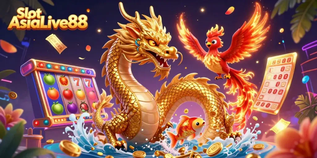 Engage with Slot AsiaLive88's exciting games and vibrant visuals featuring a magical dragon and colorful slot reels.