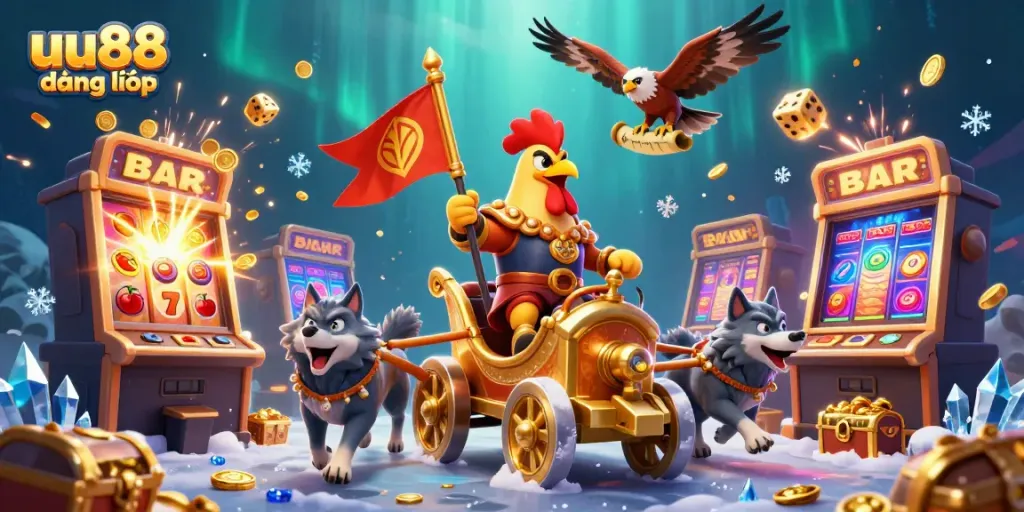 Experience the excitement of uu88 đăng nhập with vibrant casino elements and a rooster warlord in action.