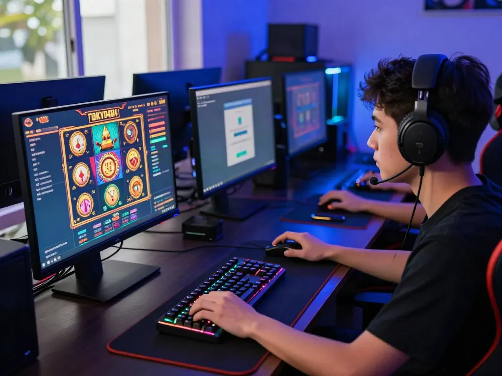 Engaged player enjoying slot88 gaming on a high-tech setup with vibrant graphics.