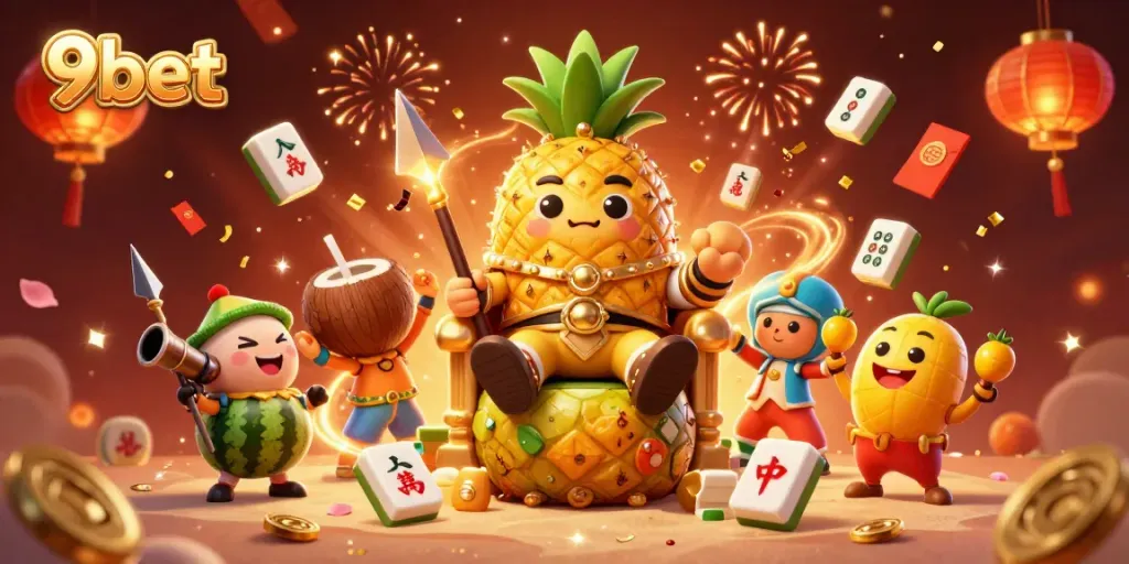 Experience the excitement of 9bet with a vibrant beach casino scene featuring a majestic pineapple king.