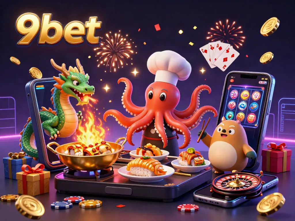 Engage with 9bet's thrilling scene of a sushi chef octopus cooking, accompanied by a dragon, showcasing high-energy casino gameplay.