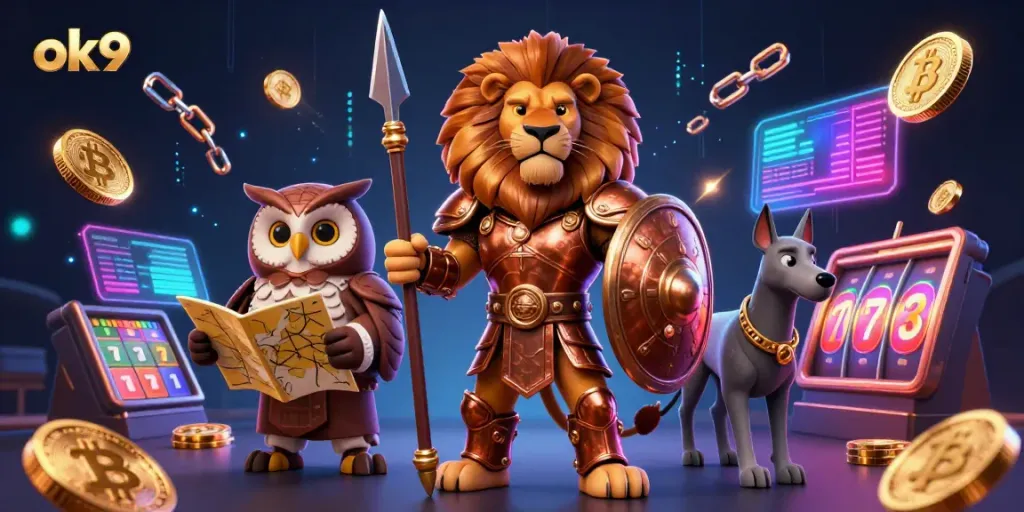 Engage with ok9 at this vivid casino scene featuring a Spartan lion, owl strategist, and greyhound, amidst slot reels and crypto elements.