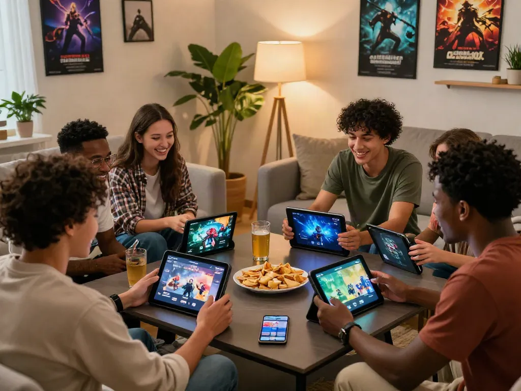 Friends enjoying GARUDA404 digital games in a cozy living room.