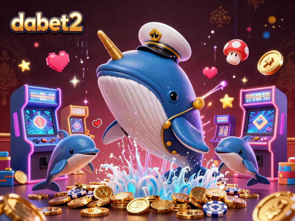Dabet2 casino promotional art featuring a whale, narwhal, dolphins with poker chips in a vibrant arcade.