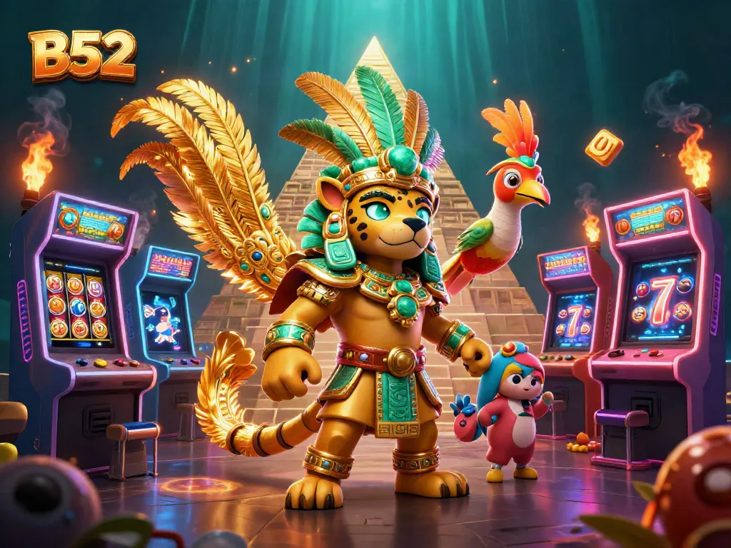 B52 dives into colorful gaming with jaguar priest, vibrant casino elements and jackpot excitement.