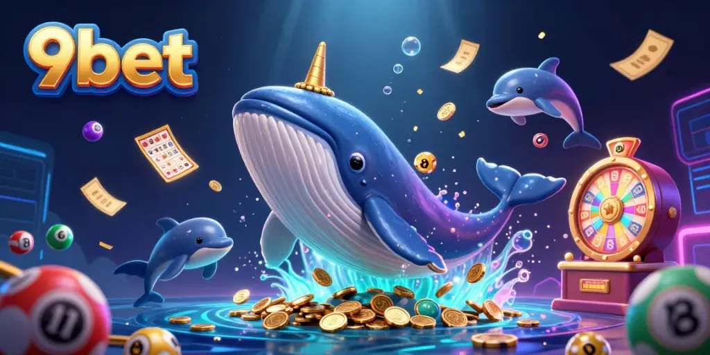 Experience the exciting world of 9bet with a giant whale and vibrant game elements in a dynamic casino scene.