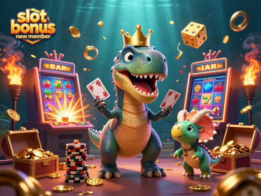 Experience the excitement of the slot bonus new member promotion with playful dinosaurs in a colorful casino environment.